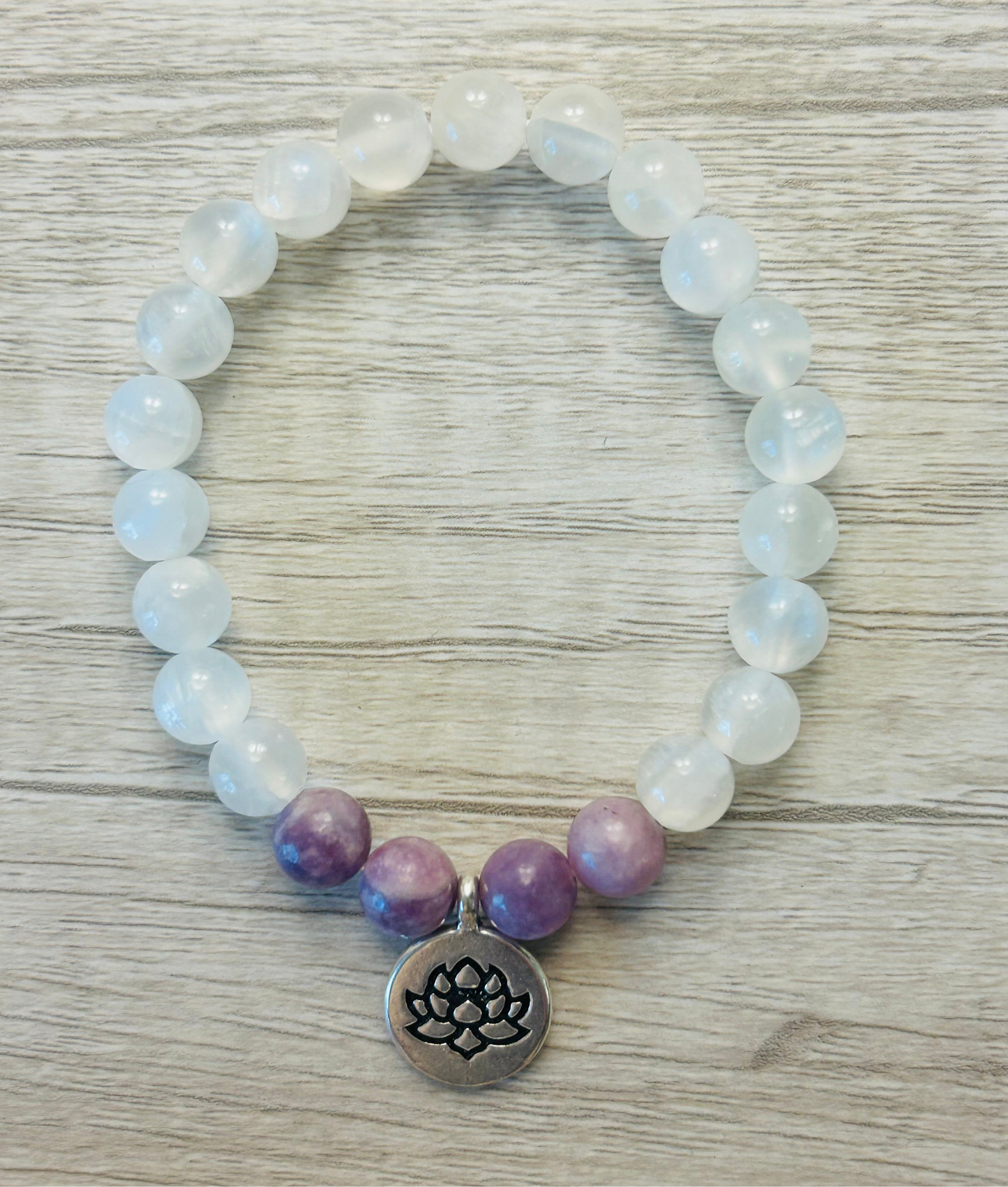 Lotus Flower Selenite & Lepidolite Crystal Healing Bracelet