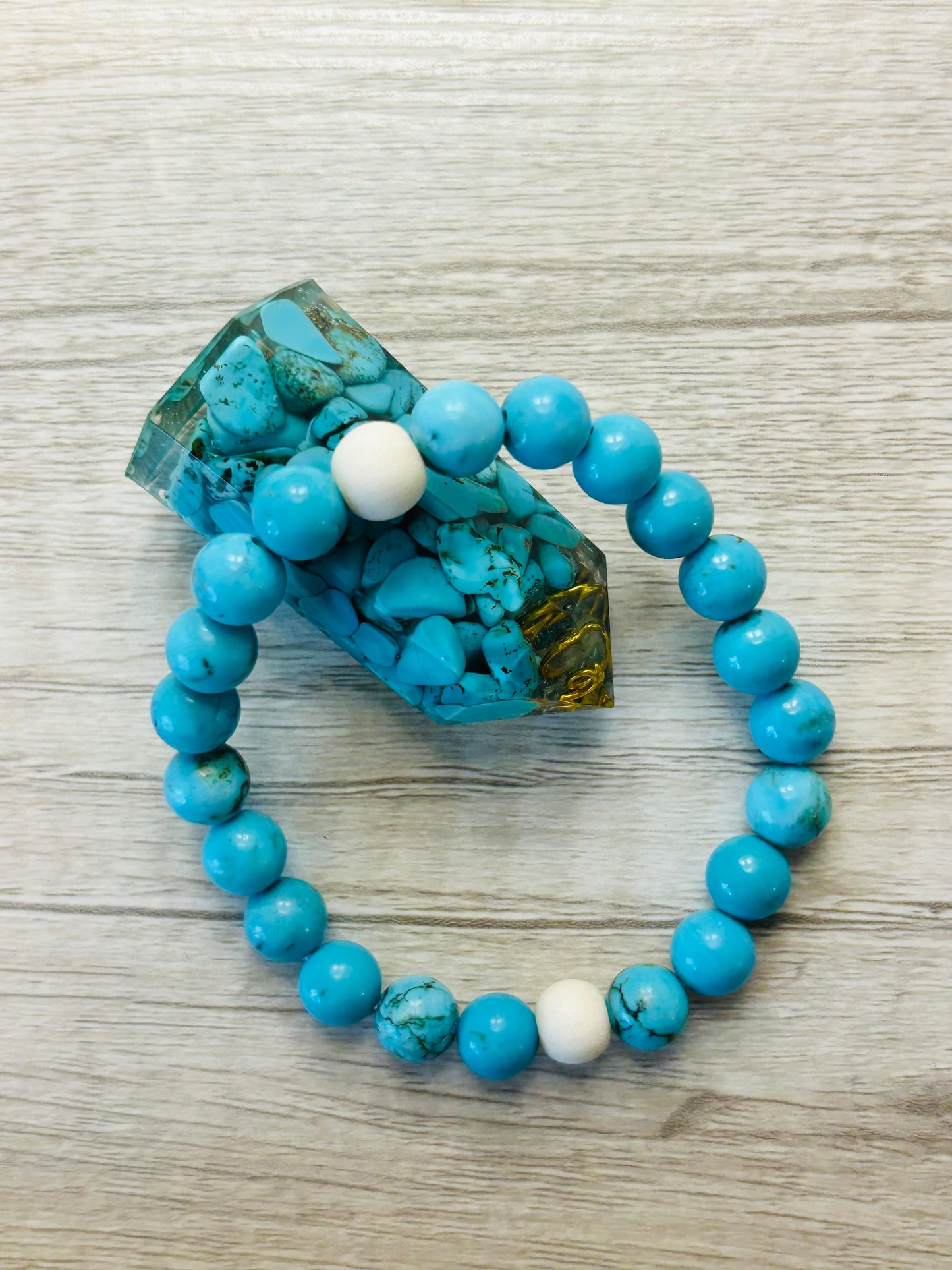 Turquoise Crystal & White Wood Healing Bracelet