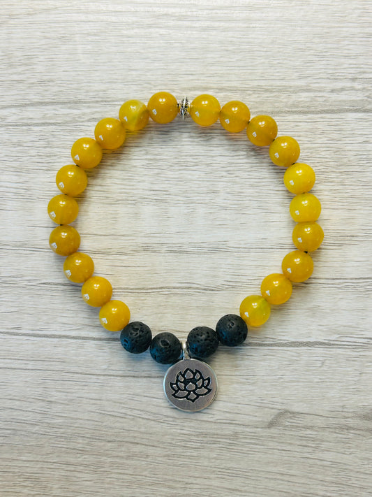 Lotus Flower Yellow Jade & Lava Stone Crystal Healing Bracelet