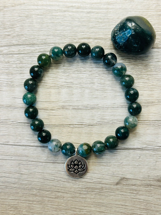 Lotus Flower Green Moss Agate Crystal Healing Bracelet